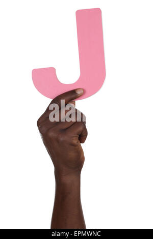 Hand holding letter J from alphabet isolated on a white background Stock Photo