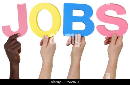 Multi ethnic group of people holding the word jobs isolated Stock Photo