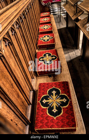 Embroidered kneelers, hassocks or prayer cushions on a pew in St Mary the Virgin Church, Oxford, England, UK. Stock Photo