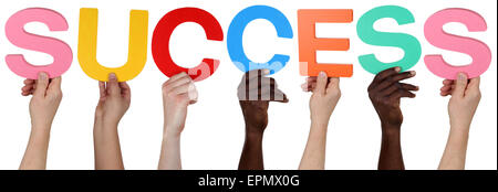 Multi ethnic group of people holding the word success isolated Stock Photo
