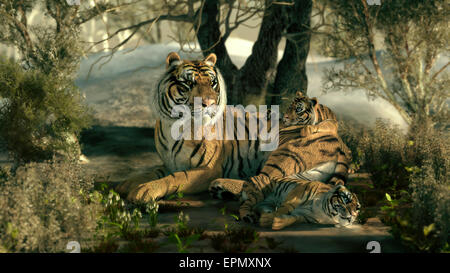 Siberian Tiger Family, 3d CG Stock Photo