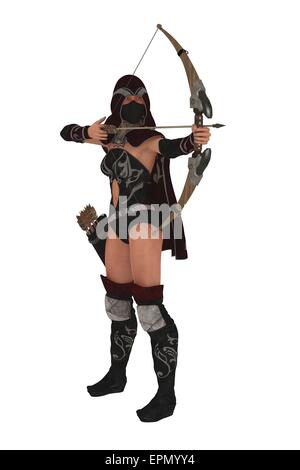 Hooded and masked fantasy female assassin archer drawing her bow and taking aim Stock Photo