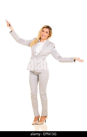cheerful young woman holding cell phone on white background Stock Photo