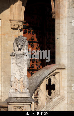 Heraldic lion holding a shield at the entrance of the 15th-century town hall in Brussels, Belgium Stock Photo