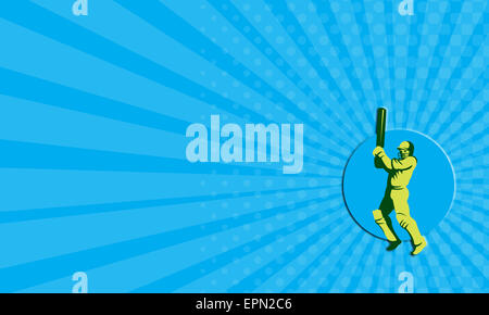 Business card showing illustration of a cricket player batsman with bat batting facing front set inside circle done in retro style on isolated background. Stock Photo