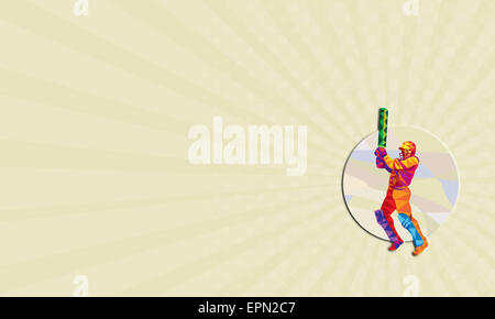 Business card showing Low polygon style illustration of a cricket player batsman with bat batting set inside circle. Stock Photo