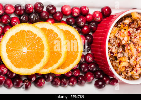 Overhead view of fresh cranberries and cranberry relish Stock Photo