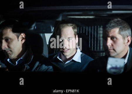 The Duke of Cambridge Prince William (C) pictured being driven away after visiting his wife Catherine Duchess of Cambridge at the King Edward VII hospital in London after suffering from acute morning sickness while pregnant with their first child. Stock Photo