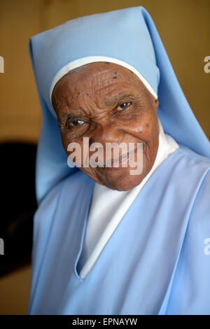 Nun, old woman, smiling, portrait, Carrefour, Ouest Department, Haiti Stock Photo