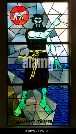 John the Baptist, stained glass window of the Evangelical reformed church Trubschachen, Canton of Bern, Switzerland Stock Photo