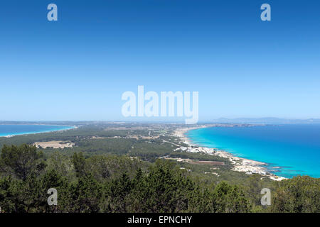 Formentera island, Spain. View on northern rocky coastline. On the horizon is Es Vedra Stock Photo