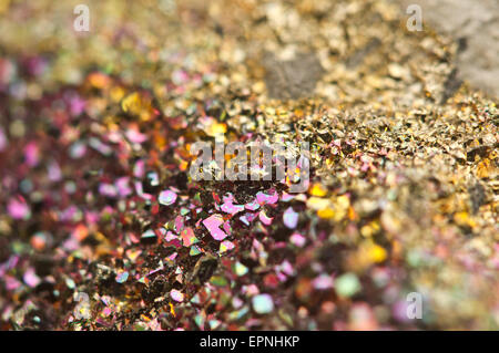 Marcasite It has the chemical formula (FeS2) iron sulphide with orthorhombic crystal structure. Macro. Beautiful fantastic backg Stock Photo