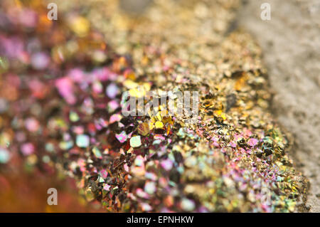 Marcasite It has the chemical formula (FeS2) iron sulphide with orthorhombic crystal structure. Macro. Beautiful fantastic backg Stock Photo