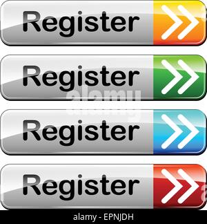 Register now button icon. Red and green spheres with lettering. Flat ...