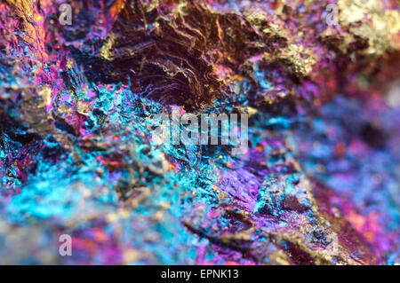 Bornite, also known as peacock ore, is a sulfide mineral with chemical composition Cu5FeS4 that crystallizes in the orthorhombic Stock Photo