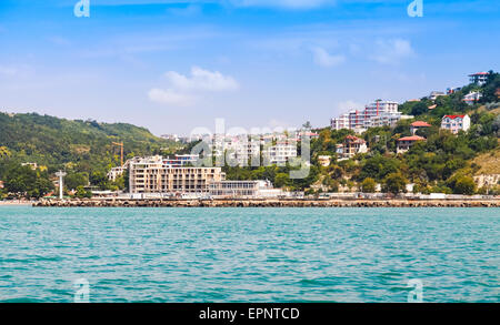 Landscape of Kavarna, coastal town and seaside resort in northeastern Bulgaria, Black Sea coast. Entrance to the port with light Stock Photo