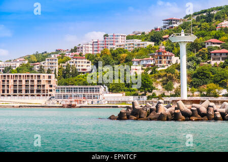 Landscape of Kavarna, coastal town and seaside resort in northeastern Bulgaria, Black Sea coast. Entrance to the port with light Stock Photo