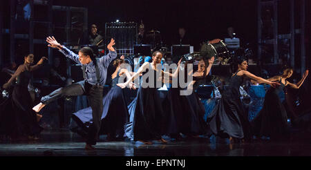 12/05/2015. London, England. Liam Francis on the left. Rambert Dance Company perform the World Premiere of 'Dark Arteries' by Mark Baldwin as part of a triple bill at Sadler's Wells Theatre. Rambert perform with the Tredegar Town Band and the Rambert Orchestra from 12 to 16 May 2015. Stock Photo