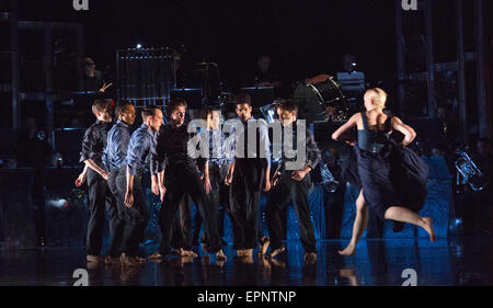 12/05/2015. London, England. Simone Damberg Würtz on the right. Rambert Dance Company perform the World Premiere of 'Dark Arteries' by Mark Baldwin as part of a triple bill at Sadler's Wells Theatre. Rambert perform with the Tredegar Town Band and the Rambert Orchestra from 12 to 16 May 2015. Stock Photo