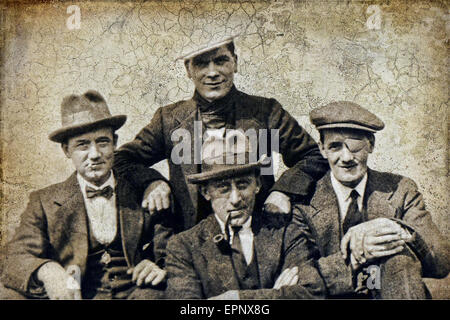 A black and white photograph of a gang of men in the 1920s that was bought back to life using sepia tones and textures. Stock Photo