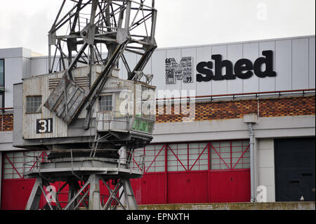 A preserved electric cargo crane outside the M Shed museum in Bristol, UK. Stock Photo