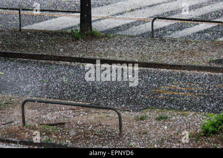 Turin, Italy. 20th May, 2015. The hailstorm covered with a white blanket the road. © Elena Aquila/Pacific Press/Alamy Live News Stock Photo