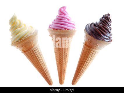 Ice cream cones assorted flavors over a white background