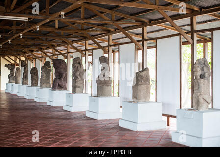 GRANADA, Nicaragua — Ancient stone statues from Zapatera Island, dated to around 800-1200 AD, are on display at the Centro Cultural Convento San Francisco in Granada. The cultural center, located near Parque Central, showcases regional history through archaeological artifacts. Stock Photo