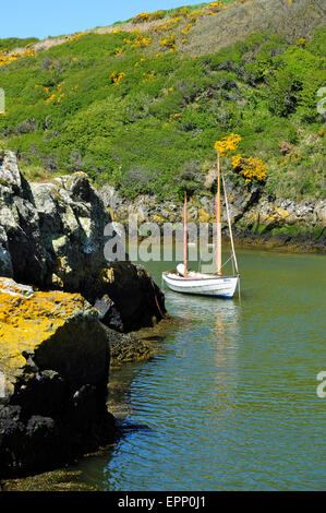 Yacht at anchor in the harbour at Porthclais (or Porth Clais), Pembrokeshire, Wales Stock Photo