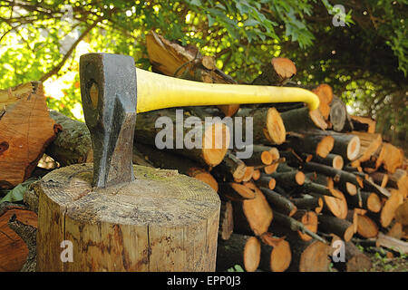 An old axe stuck in log with chopped wood Stock Photo