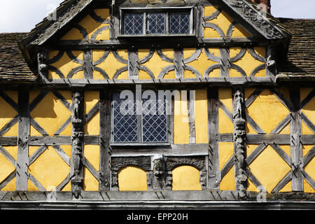 Detail of the timbered gatehouse of Stokesay Castle near Ludlow Shropshire UK