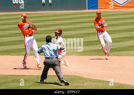 Durham, North Carolina, USA. 20th May, 2015. infielder Tyler Krieger (3) of the Clemson Tigers turns to end the inning during the ACC Baseball Tournament Game 3 Clemson vs. Florida State at Durham Bulls Athletic Park in Durham, NC. Scott Kinser/Cal Sport Media Credit:  Cal Sport Media/Alamy Live News Stock Photo