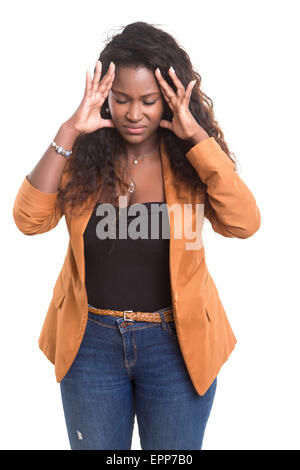 A worried young african woman, isolated over white Stock Photo