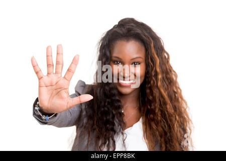 African Business woman making stop sign - isolated over white Stock Photo