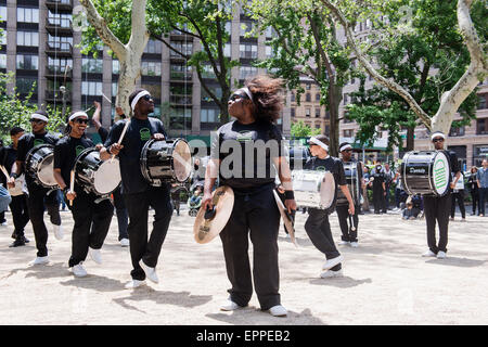 Brooklyn United Marching band playing for Shake Shacks grand reopening at Madison Square Park. May 20th, 2015. Stock Photo