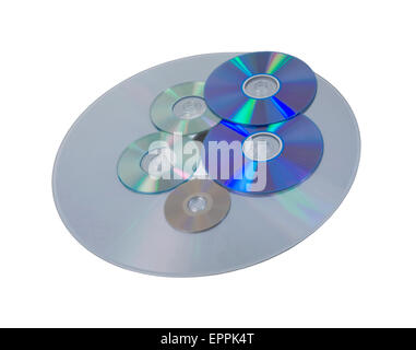Several disks of various sizes and different formats for storing and retrieving data - path included Stock Photo