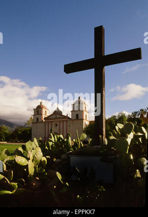 Santa Barbara Mission with cross in Santa Barbara, California Stock Photo