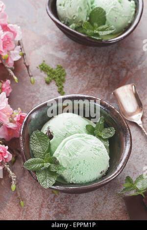 Matcha Ice Cream. Matcha Mint Chip Ice Cream, top view, vintage style. Macro, selective focus, natural light Stock Photo