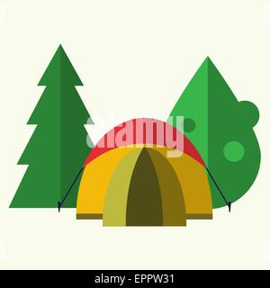 Tent in forest camping. Vector illustration made in flat design style. Camping concept with tent and trees. For web design and a Stock Vector
