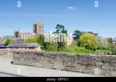 Hereford Cathedral viewed from the bridge over the River Wye Stock Photo