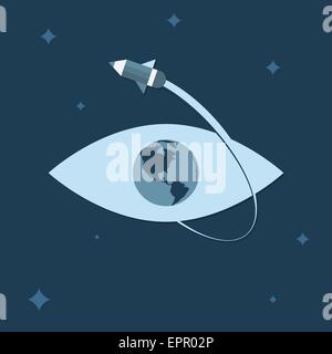 Elearning concept. On-line learning or schooling. Pencil-rocket flying around eye-globe. Vector illustration. For web design and Stock Vector