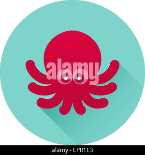 Vector octopus icon. Red octopus on bluish-green background. Trendy flat design style with long shadow. Vector element for web d Stock Vector