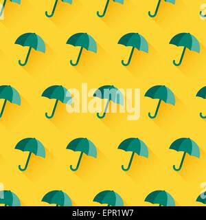 Vector vintage seamless pattern with green umbrellas. Bright yellow  background. Rain protection symbol. Trendy flat design styl Stock Vector
