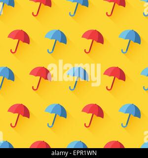 Vector vintage seamless pattern with red and blue umbrellas. Bright yellow  background. Rain protection symbol. Trendy flat desi Stock Vector