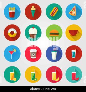 Flat icons for web and mobile applications with food and beverages. Trendy flat design with long shadow. Set of icons with food  Stock Vector