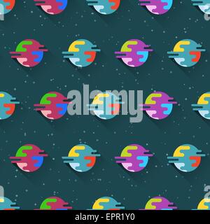 Seamless space pattern with planets and stars. Trendy flat design vector illustration. Can be used for wallpaper, pattern fills, Stock Vector