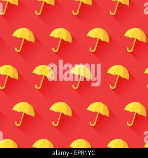 Vector vintage seamless pattern with yellow umbrellas. Bright red background. Rain protection symbol. Trendy flat design style w Stock Vector