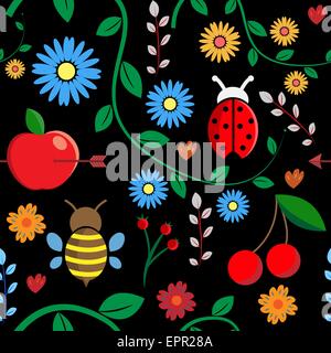Seamless autumn floral pattern with leaves, berries, bugs, flowers, apple, branches. Vector background. Design element. Stock Vector