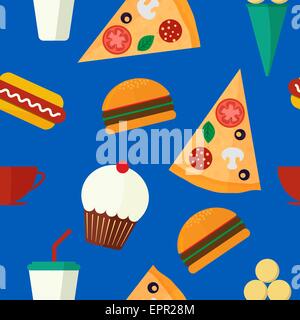 Seamless background vector pattern with fast food: burger, muffin, hot dog, pizza, ice cream and drink on blue background. Vecto Stock Vector