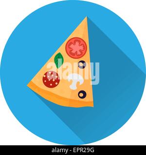 Vector illustration of flat fast food icon. Icon of pizza slice for cafe and restaurant. Colorful and long shadow. Element for w Stock Vector